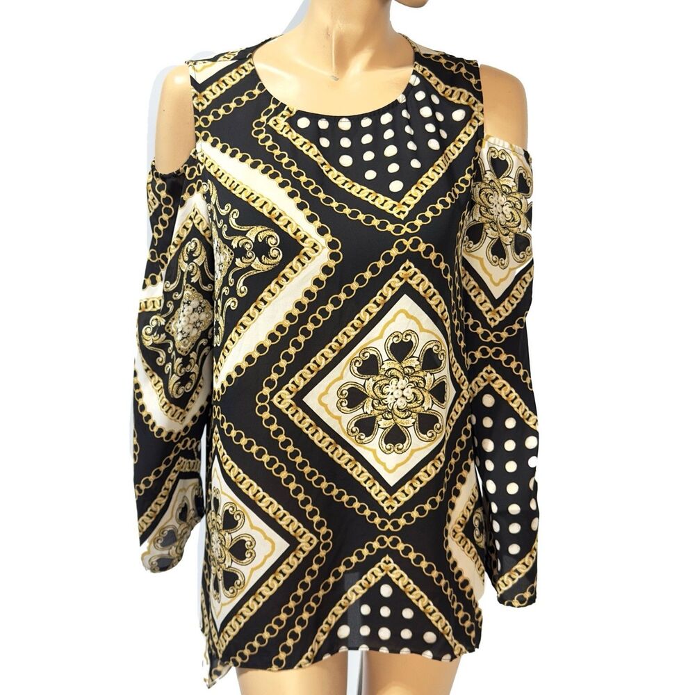 Chicos 2 Cold Shoulder Tunic Top Women’s Size L Chainlink Mixed Print Sharkbite